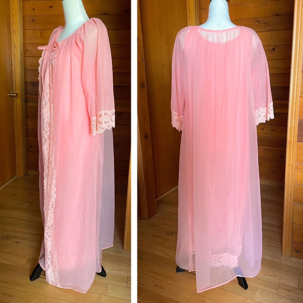 Vintage 60s Peachy Pink Double Layered Nylon Chiffon Nightgown Peignoir Set Sz M - Picture 4 of 4